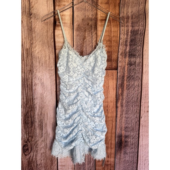 For Love And Lemons Dresses & Skirts - For Love & Lemons Lace Mini Dress Blue Ruched Romantic Coquette Feminine XS NWT